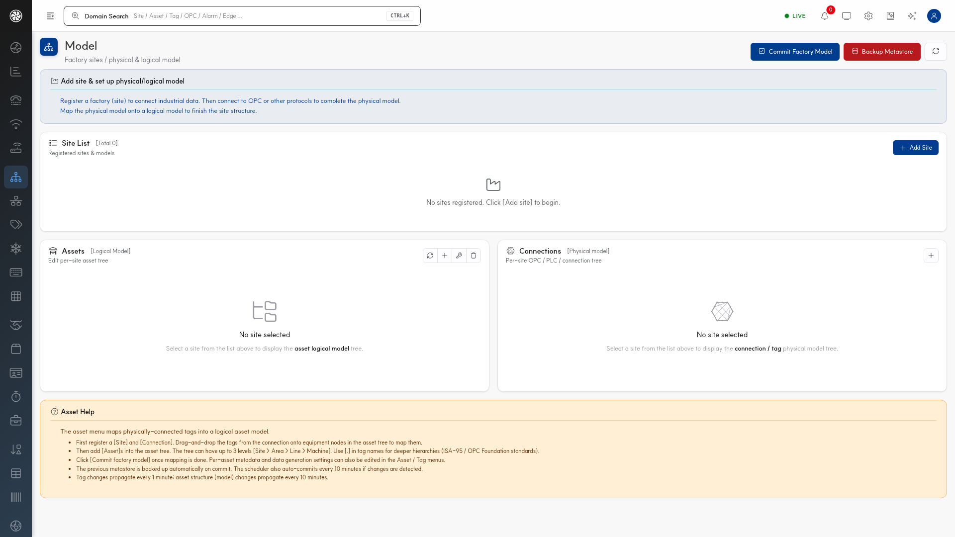 Model screen — no registered sites